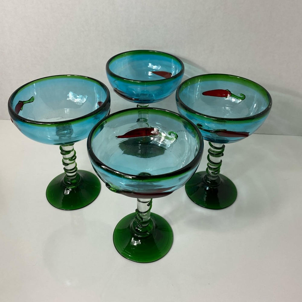 Hand Blown Margarita Glasses with Chili Peppers